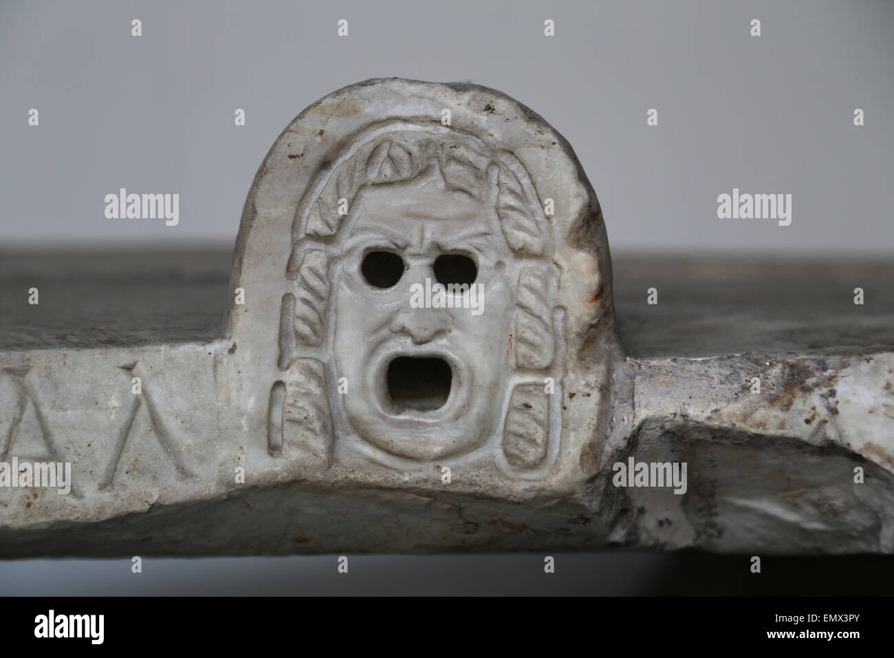 Arte romana. Maschera Teatrale Sarcofago. Dettaglio. Museo del Vaticano. Città del Vaticano. Foto Stock