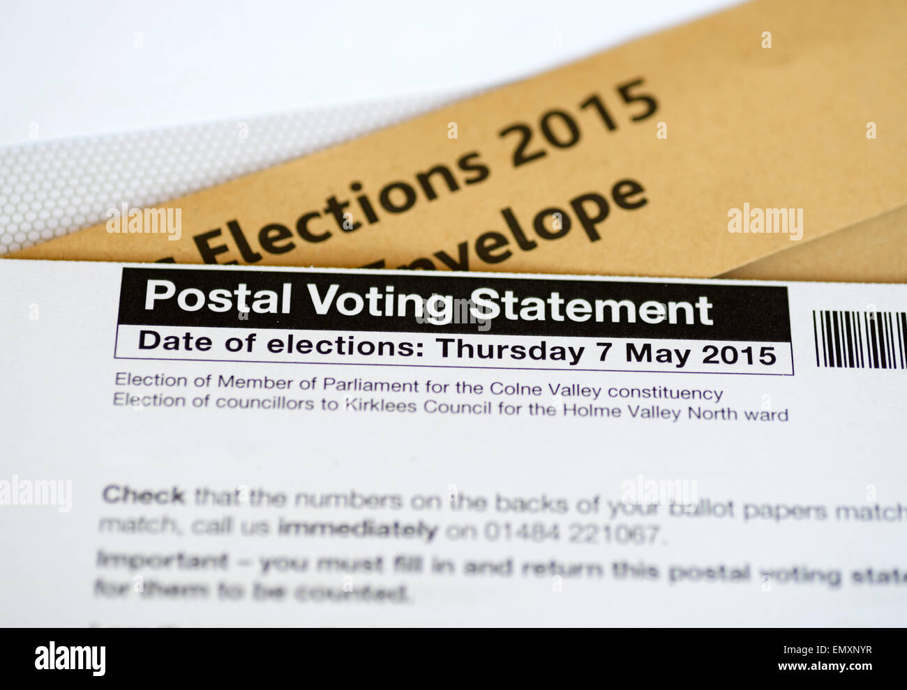 Un voto postale per il maggio 2015 parlamentare del Regno Unito in elezioni generali, Foto Stock