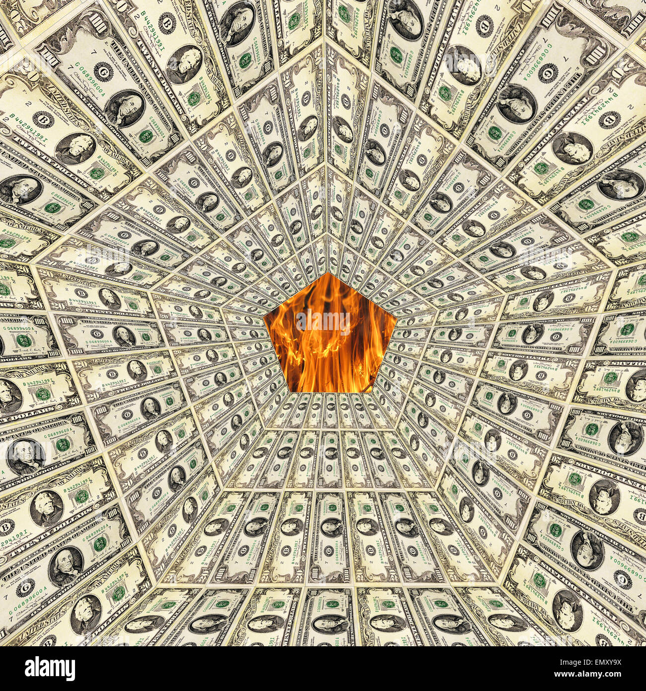 Dollaro americano pattern con fiamma sullo sfondo Foto Stock