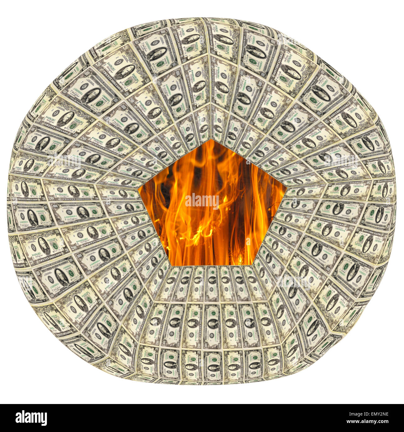 Round dollar pattern con fiamma entro isolato Foto Stock
