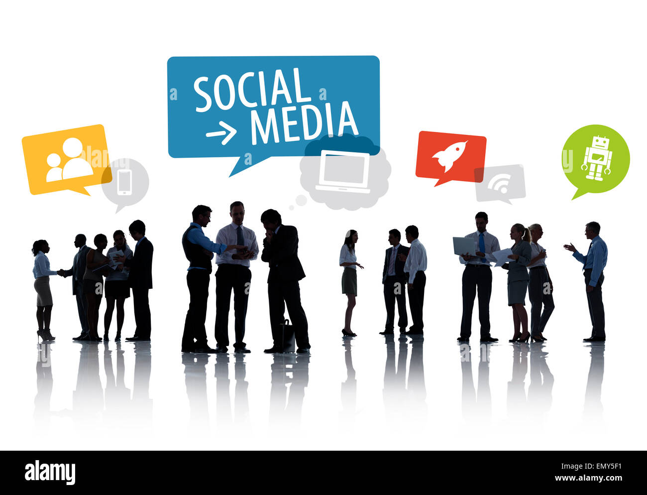 Silhouette gruppo di gente di affari con i Social Media Concept Foto Stock