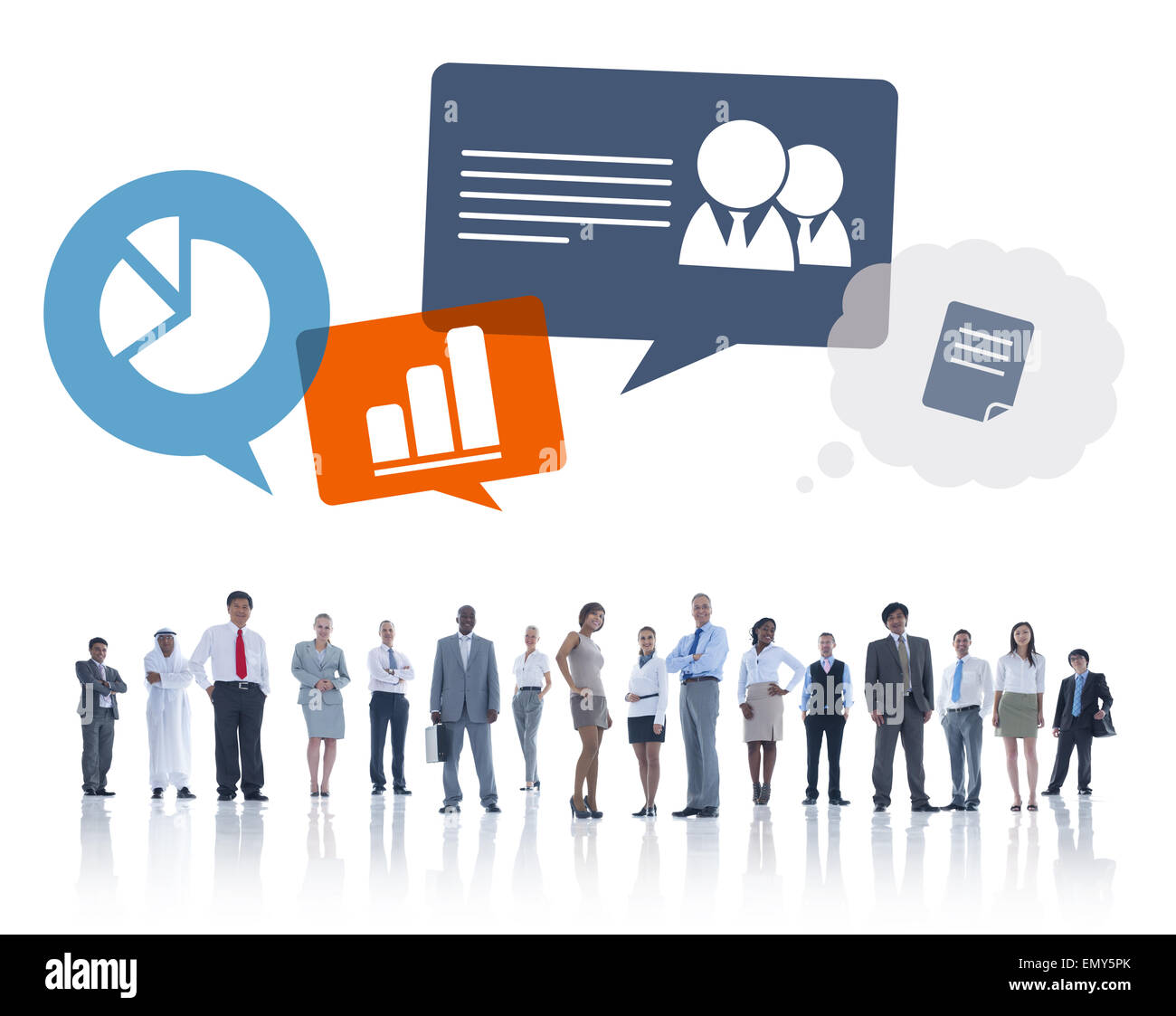 Il gruppo di società multietnica la gente di affari con i simboli di Business Foto Stock