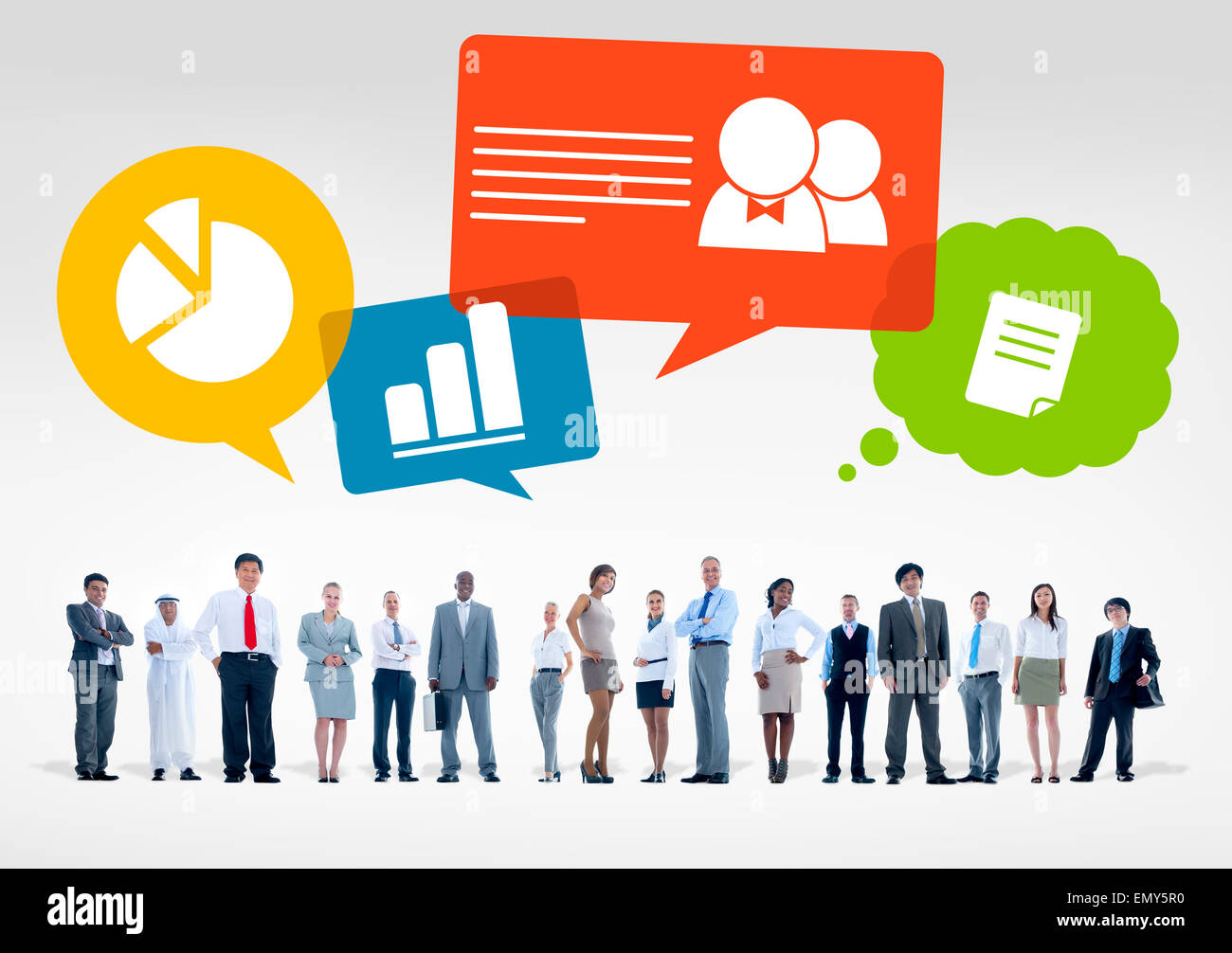 Il gruppo di società multietnica la gente di affari con i simboli di Business Foto Stock