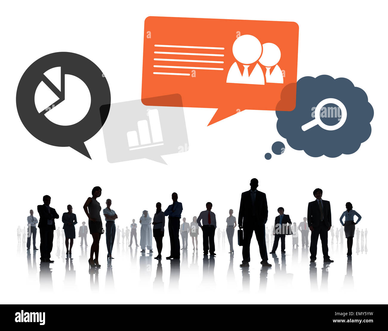 Silhouette di uomini di affari che il lavoro di squadra con i simboli di Business Foto Stock