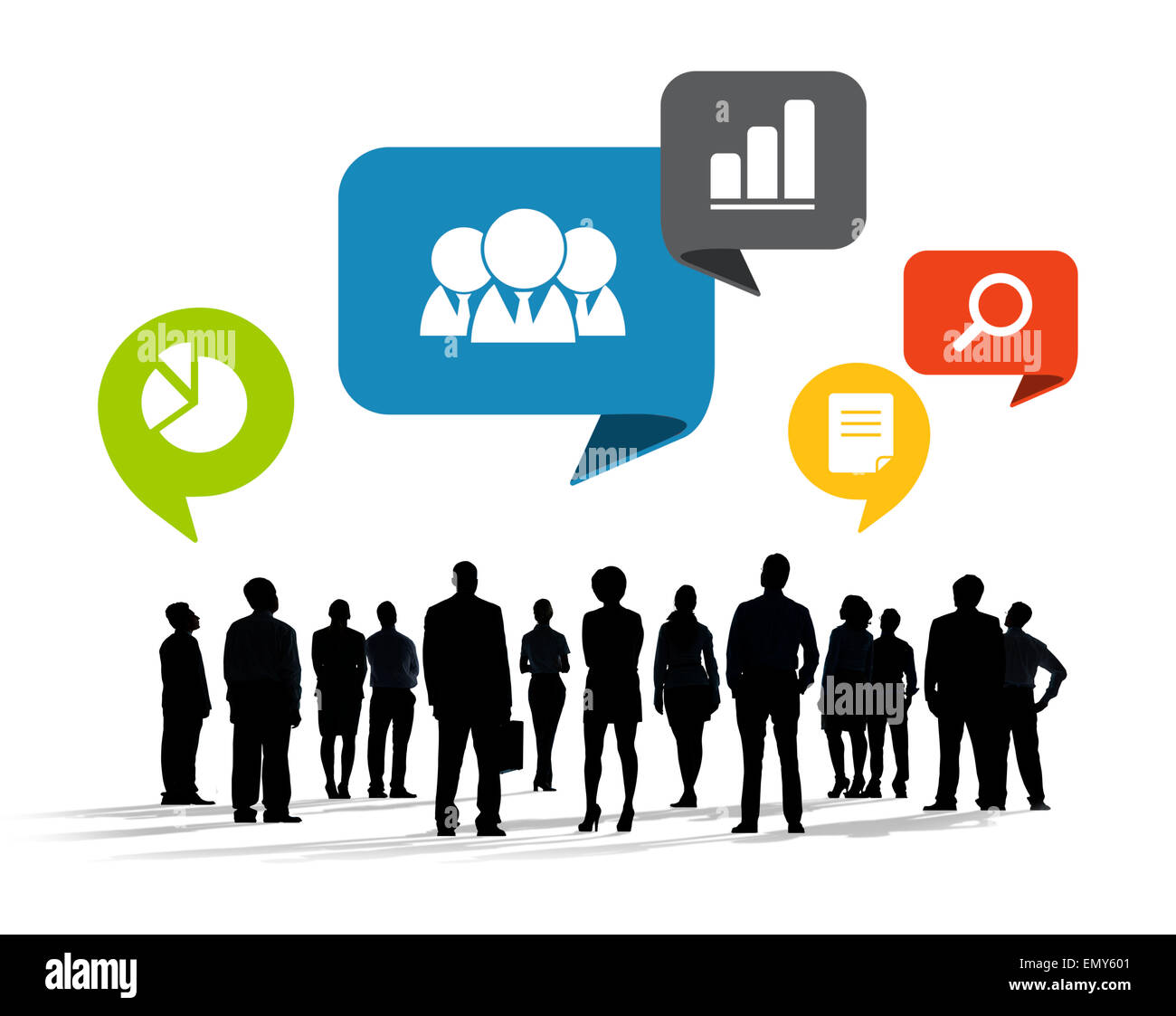 Sagome di multietnica la gente di affari con i Social Media simboli Foto Stock