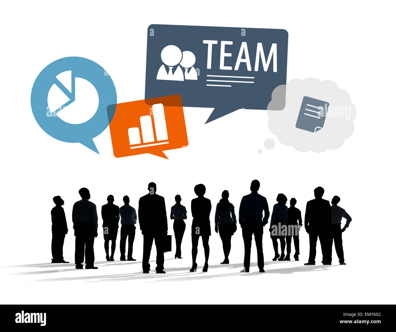 Sagome di multietnica la gente di affari con i simboli di Business Foto Stock