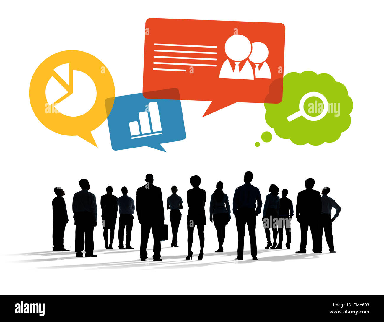 Sagome di multietnica la gente di affari con i simboli di Business Foto Stock