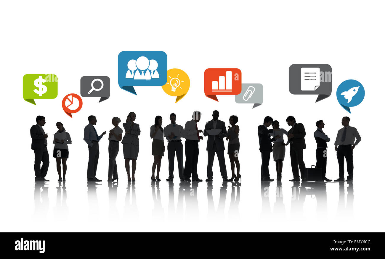 Un gruppo di persone di affari di conversazione e di business relativi simboli sopra Foto Stock