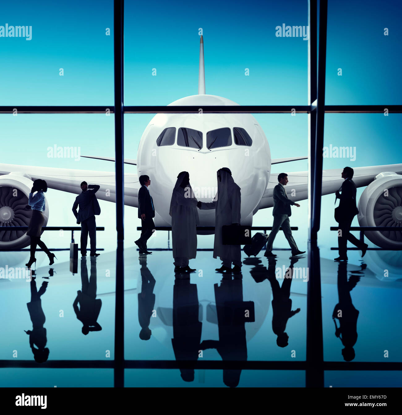 Silhouette gruppo di gente di affari con il concetto di aeroplano Foto Stock