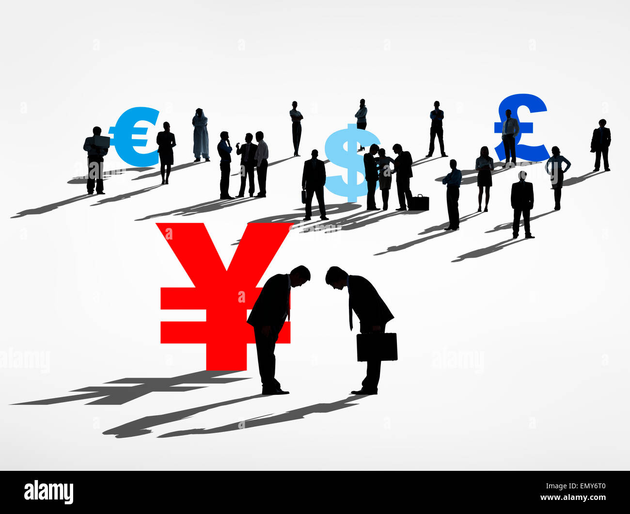 Un gruppo di persone di affari in uno sfondo bianco con i simboli di valuta. Foto Stock