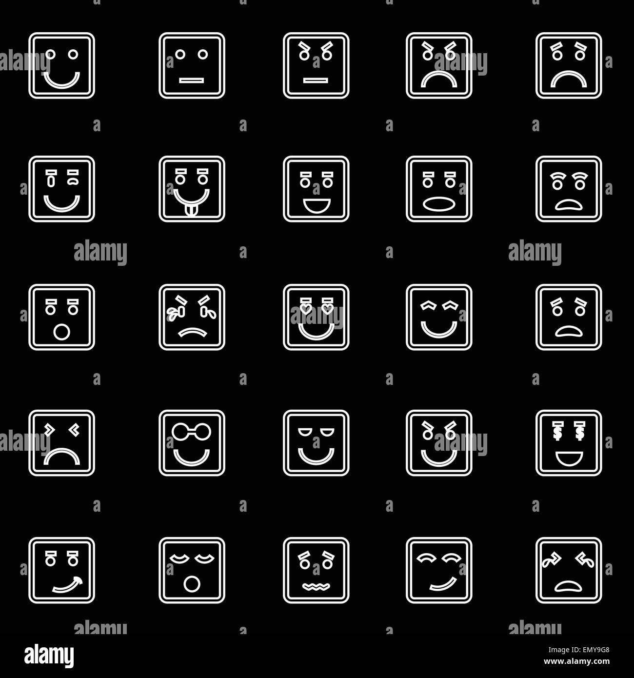 Square linea viso icone su sfondo nero, vettore di stock Illustrazione Vettoriale