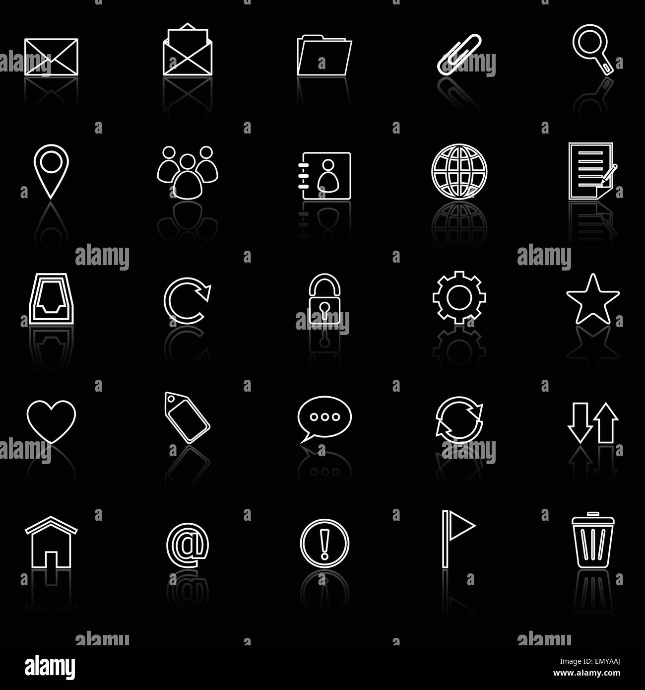 Linea di posta le icone con il riflettere su sfondo nero; stock vector Illustrazione Vettoriale