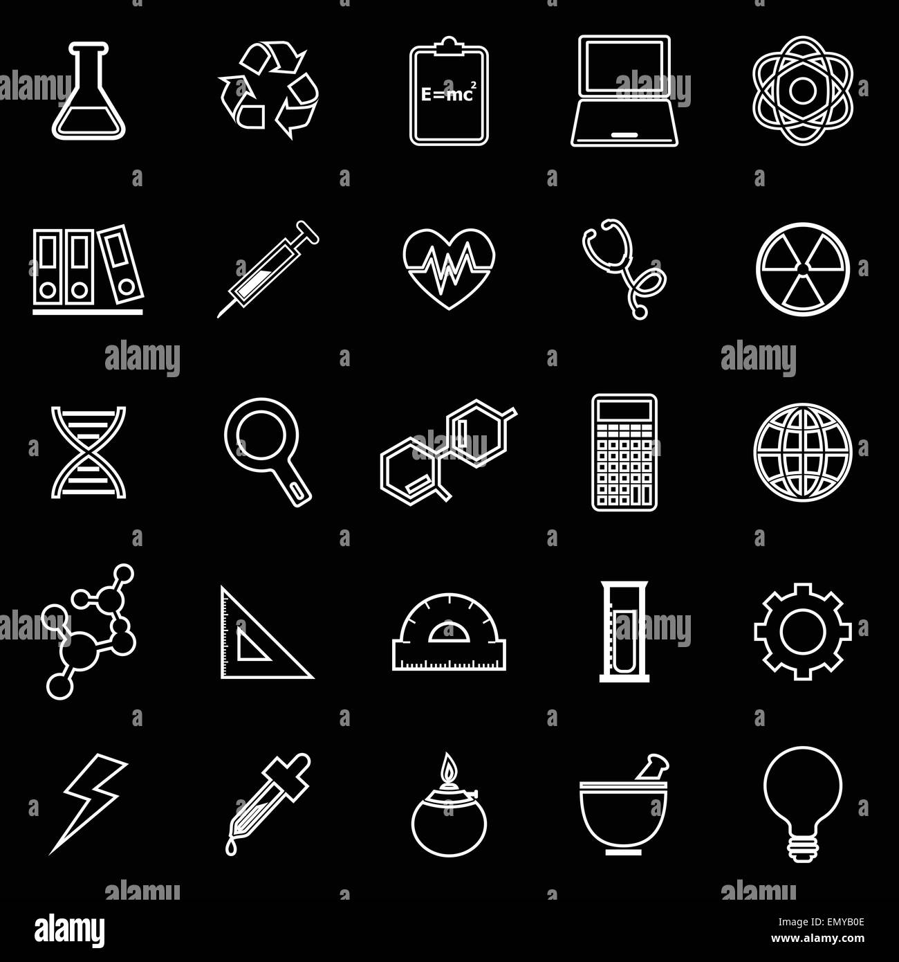 La scienza le icone della linea su sfondo nero, vettore di stock Illustrazione Vettoriale