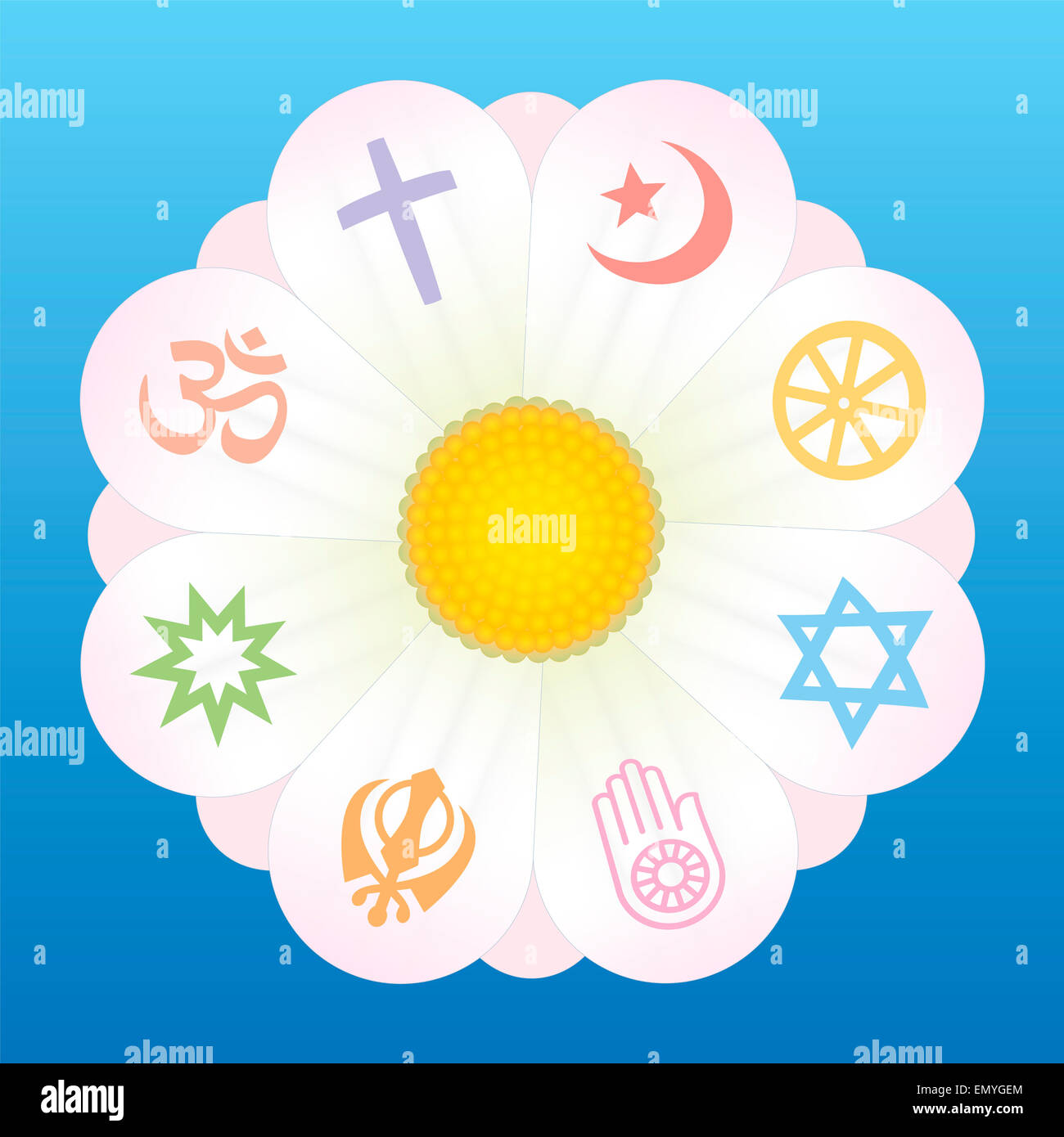 Religione Mondiale simboli sui petali di un fiore come un simbolo per i religiosi la solidarietà e la coerenza. Foto Stock