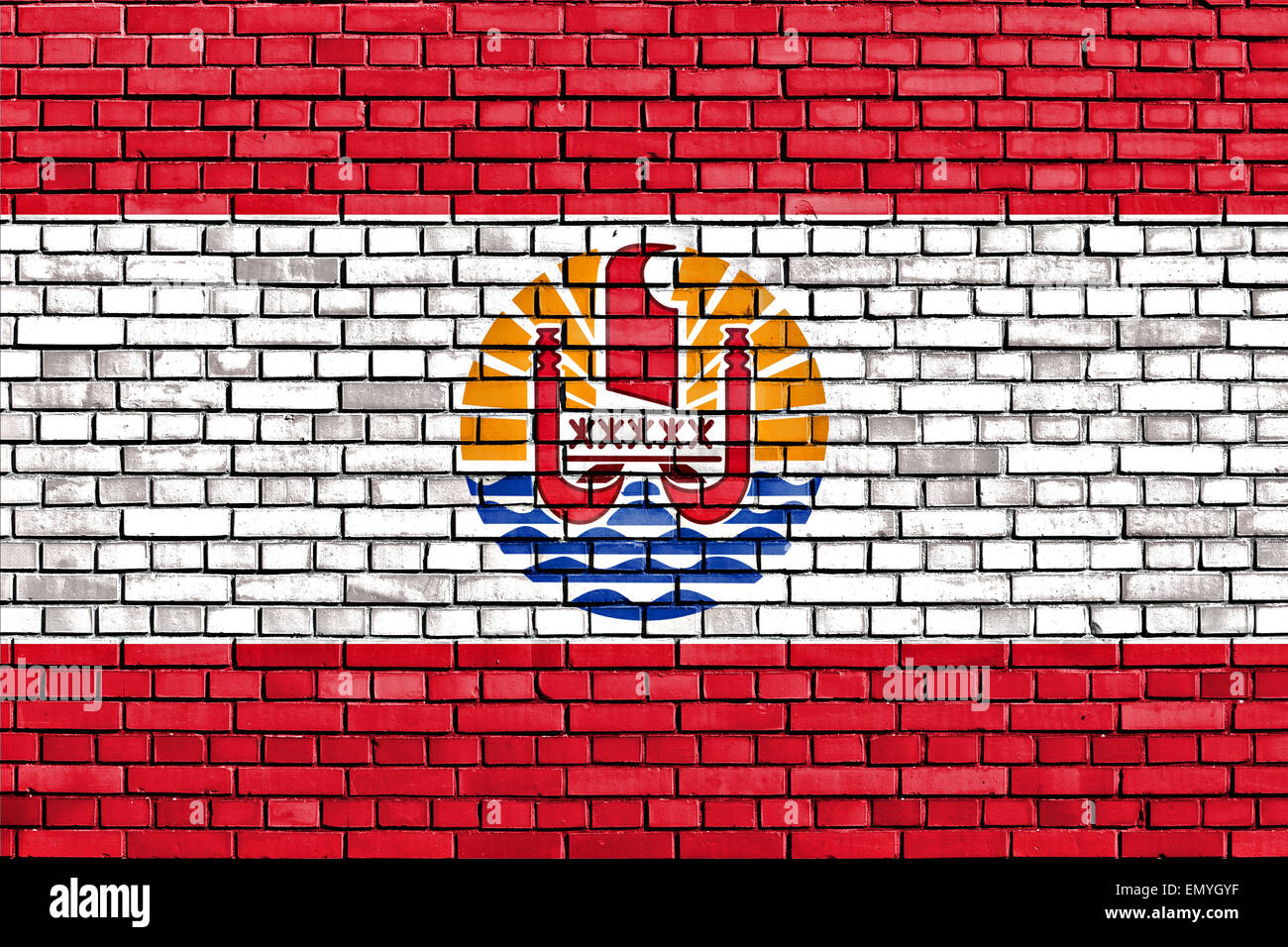 Bandiera della Polinesia Francese dipinta su un muro di mattoni Foto Stock