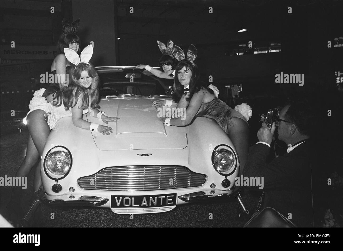 Conigliette drapped oltre una Aston Martin Volante auto al British International Motor Show di Londra il 19 ottobre 1965. Foto Stock
