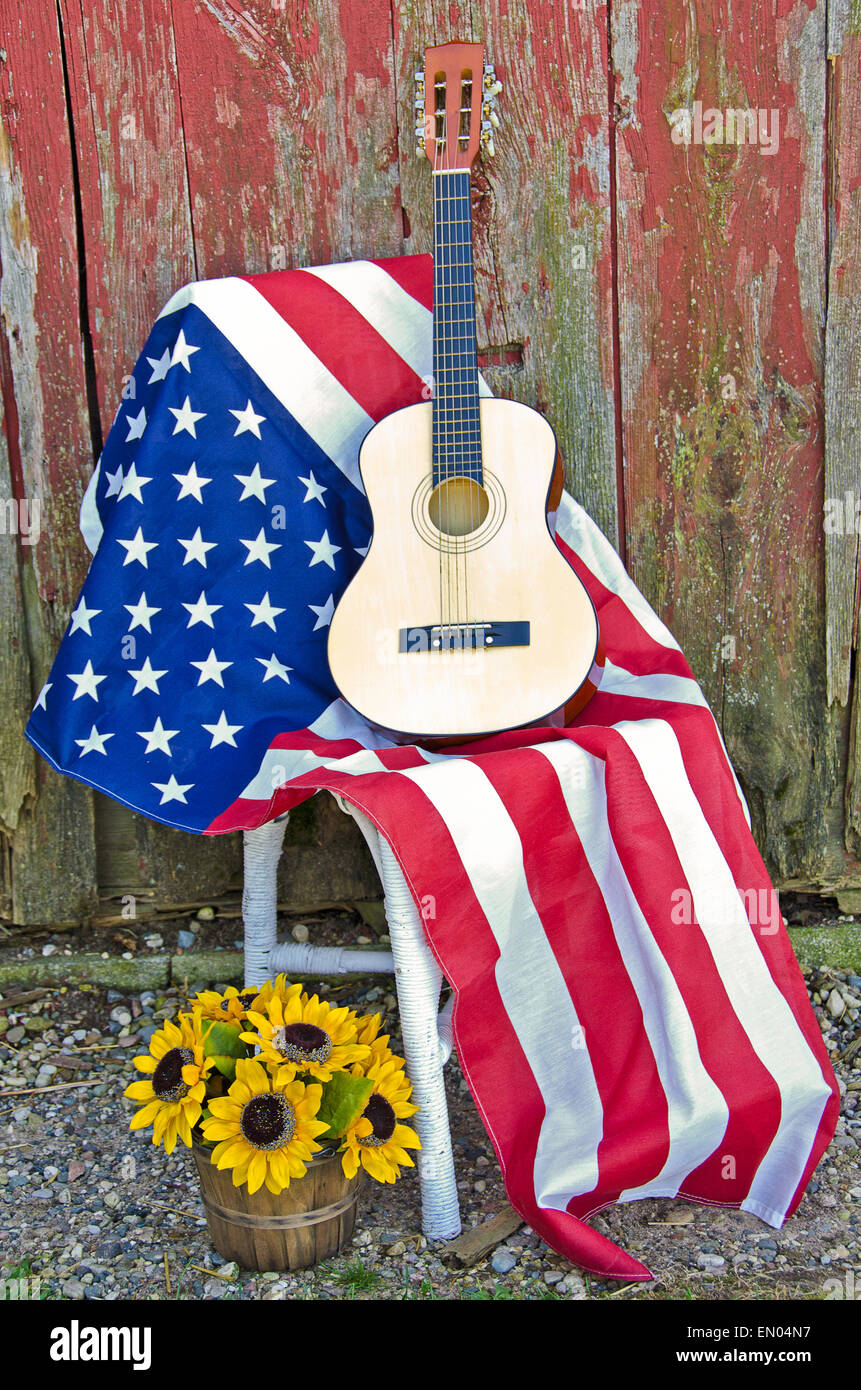 Chitarra sulla bandiera americana dal vecchio fienile con cesto di semi di girasole. Foto Stock