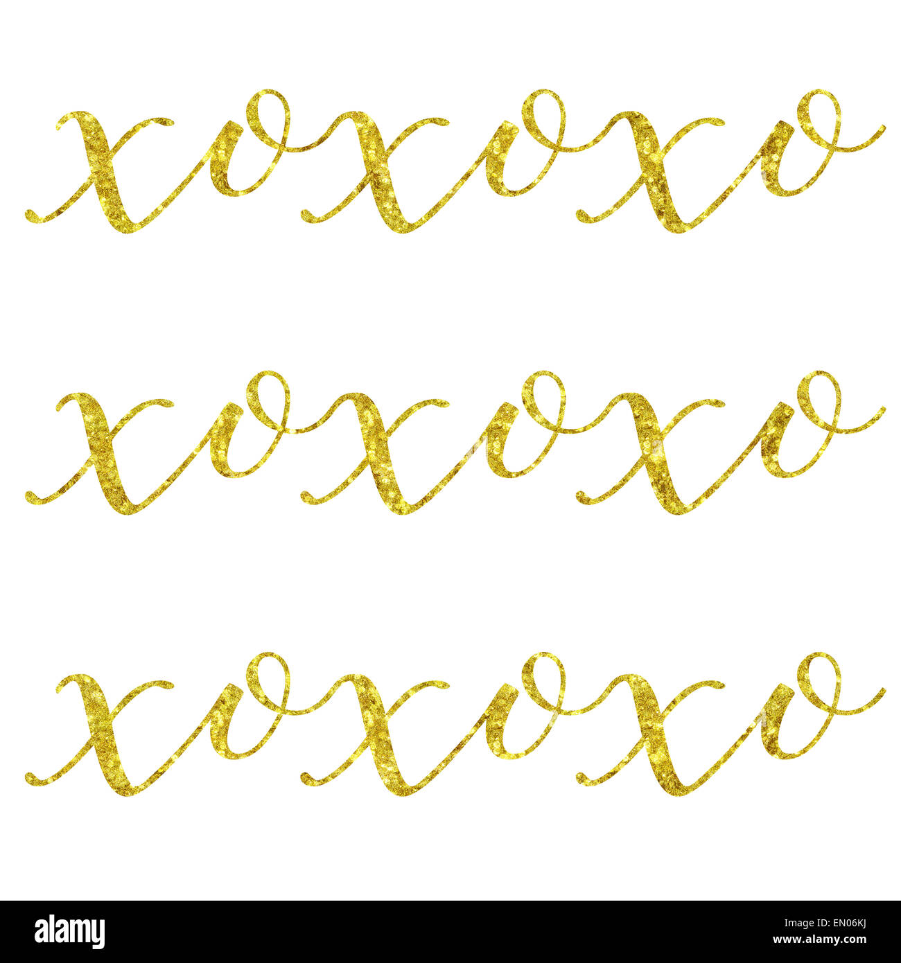 XOXO Baci e abbracci Glittery oro in similpelle di lamina metallica di ispirazione amore preventivo isolati su sfondo bianco Foto Stock