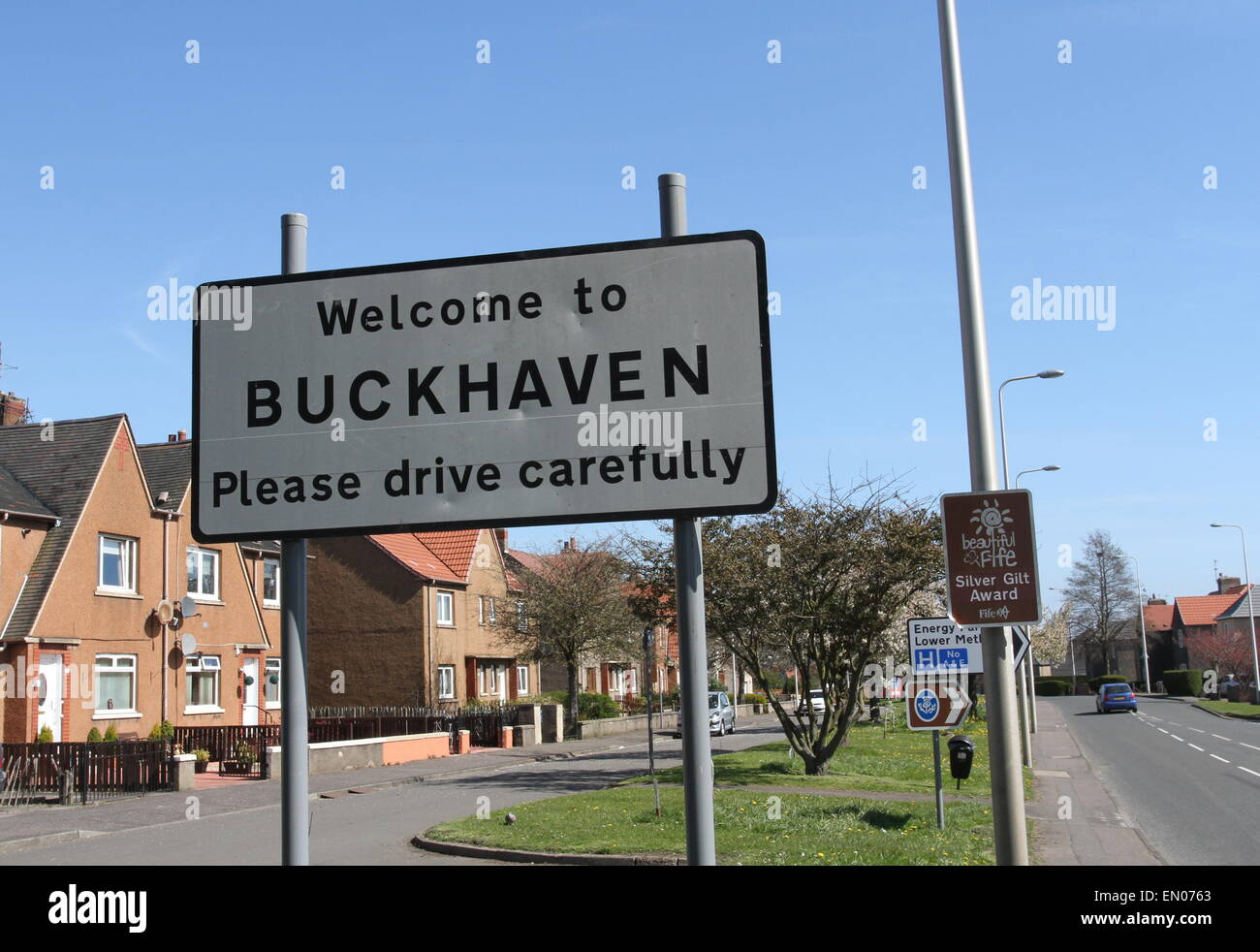Benvenuti al segno Buckhaven Fife Scozia Aprile 2015 Foto Stock