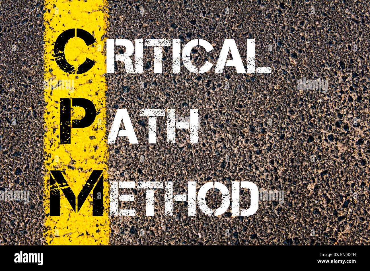 Acronimo di Business CPM come percorso critico metodo. Vernice gialla linea sulla strada contro lo sfondo di asfalto. Immagine concettuale Foto Stock