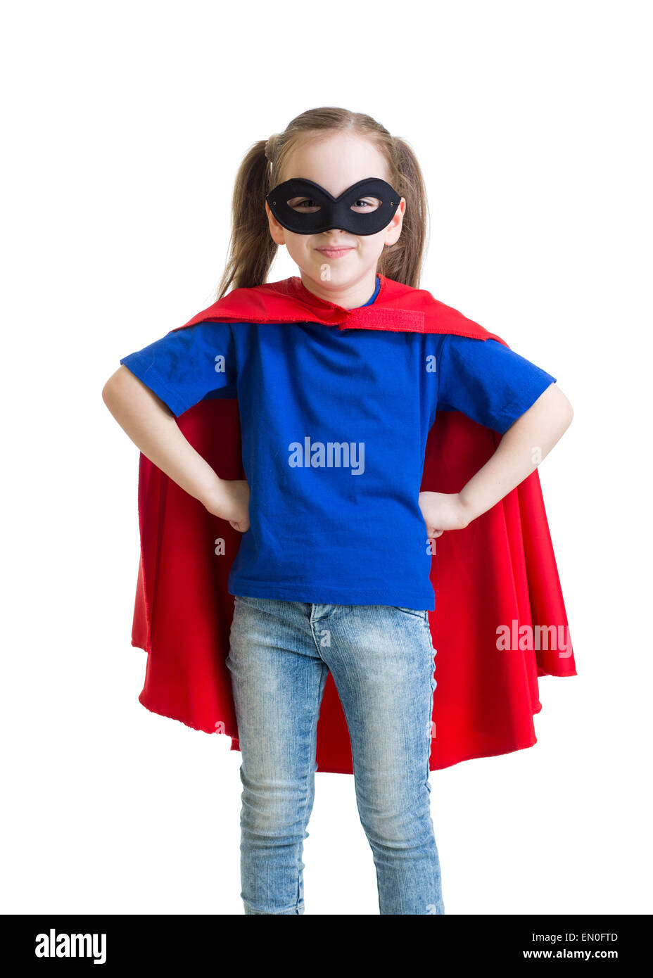 Bambino ragazza fingendo di essere un supereroe Foto Stock