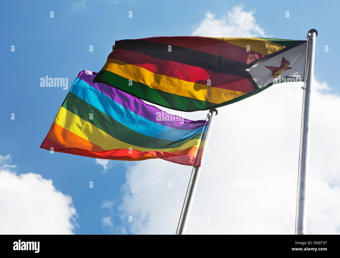 Bandiera gay e bandiera dello Zimbabwe ad Harare Foto Stock