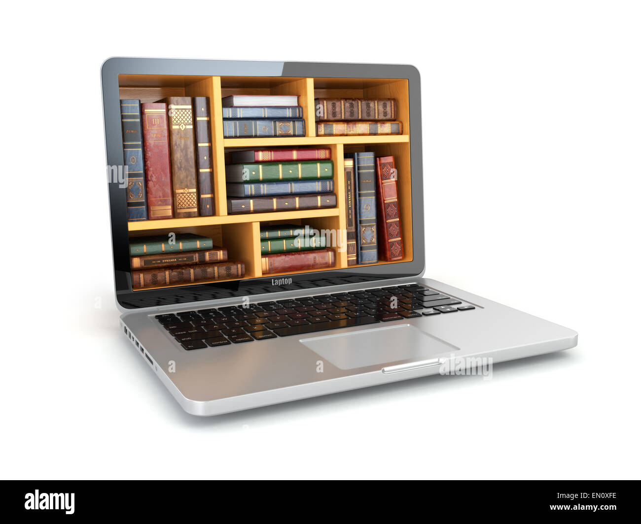 L'E-learning education libreria internet o book store. Laptop e vintage libri isolato su bianco. 3d Foto Stock