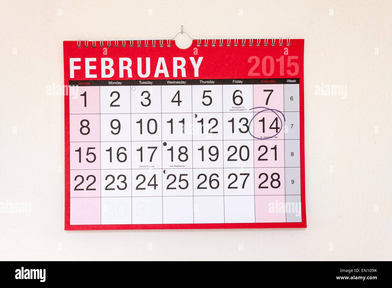Parete mensile Calendario Febbraio 2015, San Valentino cerchiata Foto Stock