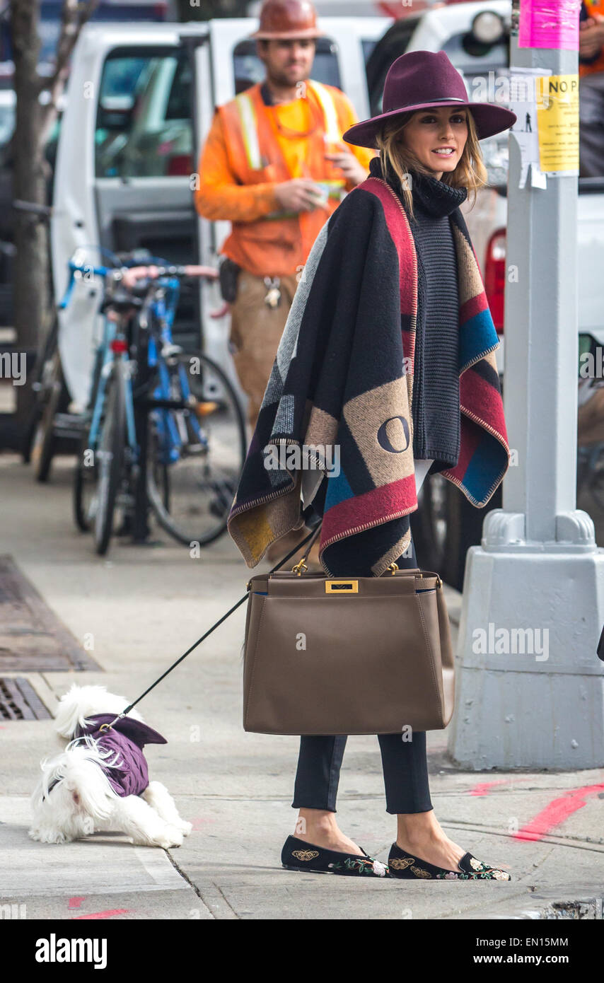 Olivia Palermo, cercando elegante indossando un cappello e un Burberry blocco colore controllare coperta poncho, esecuzione di commissioni di Brooklyn con il suo cane sig. Butler dotate: Olivia Palermo,il Sig. Il maggiordomo dove: Brooklyn, New York, Stati Uniti quando: 21 Ott 2014 Foto Stock