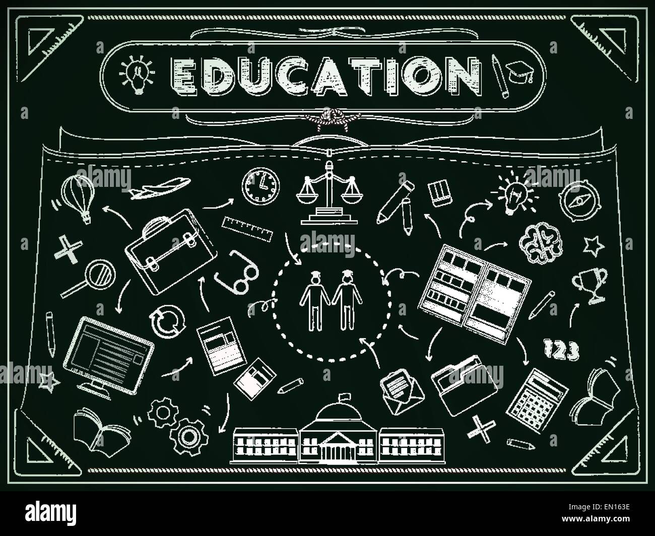 Istruzione lavagna con belle icone disegnate da Chalk Illustrazione Vettoriale