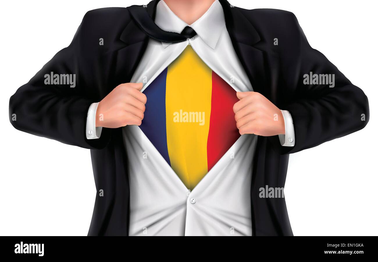 Imprenditore mostra Bandiera della Romania sotto la sua maglietta su sfondo bianco Illustrazione Vettoriale