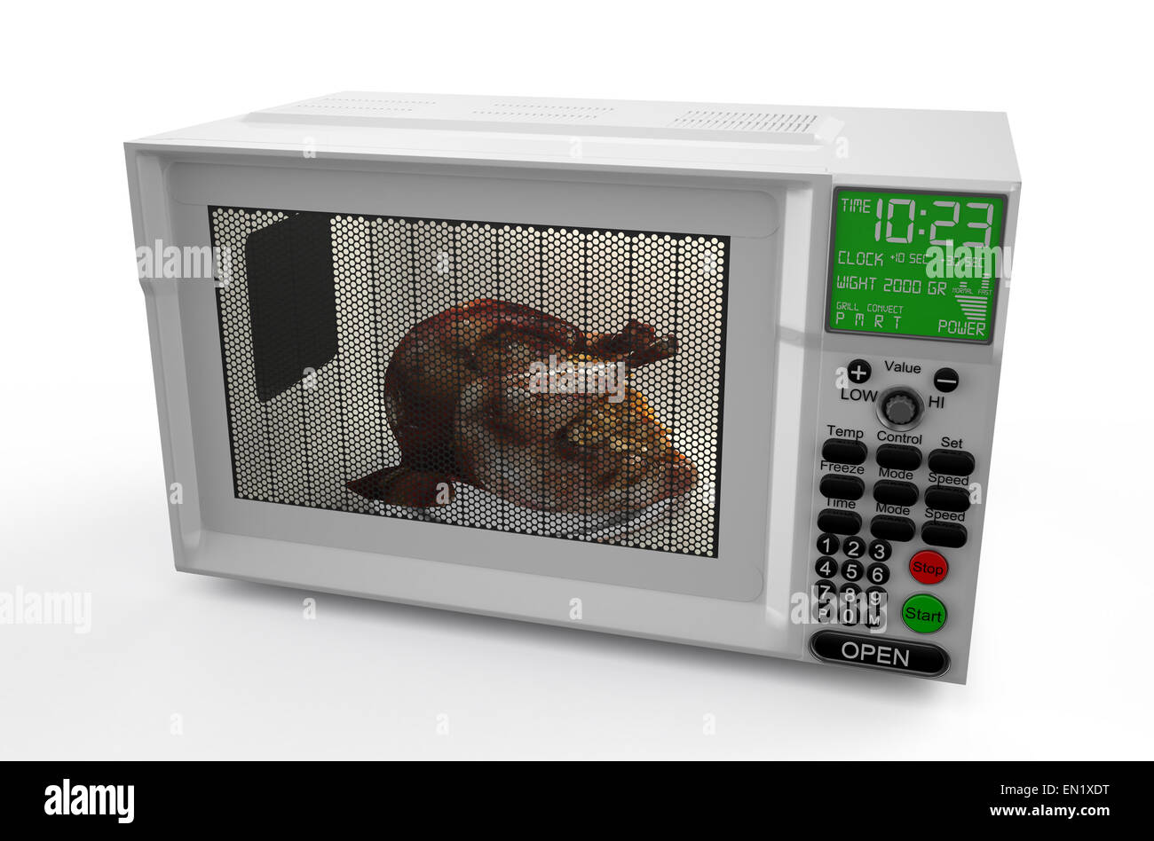 Forno a microonde con pollo isolati su sfondo bianco Foto Stock