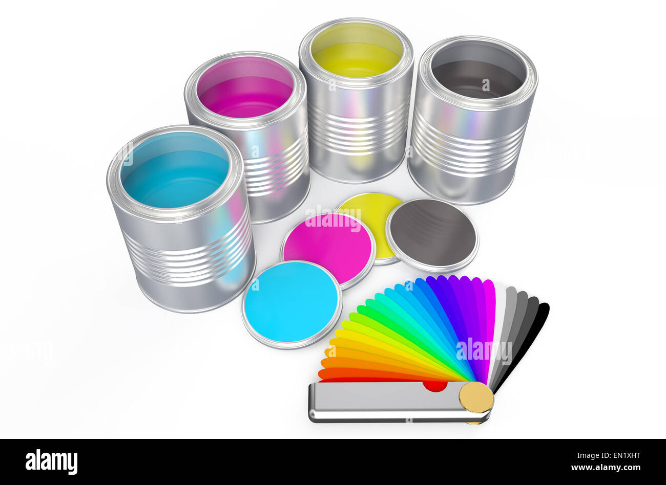 Barattoli di vernice di colore Pantone e la tavolozza dei colori guida isolato su sfondo bianco Foto Stock