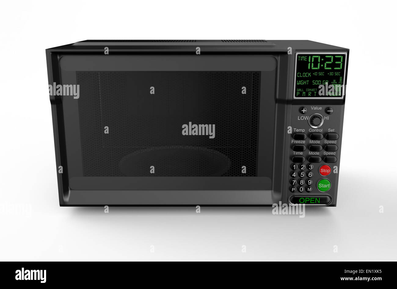 Nero forno a microonde isolati su sfondo bianco Foto Stock