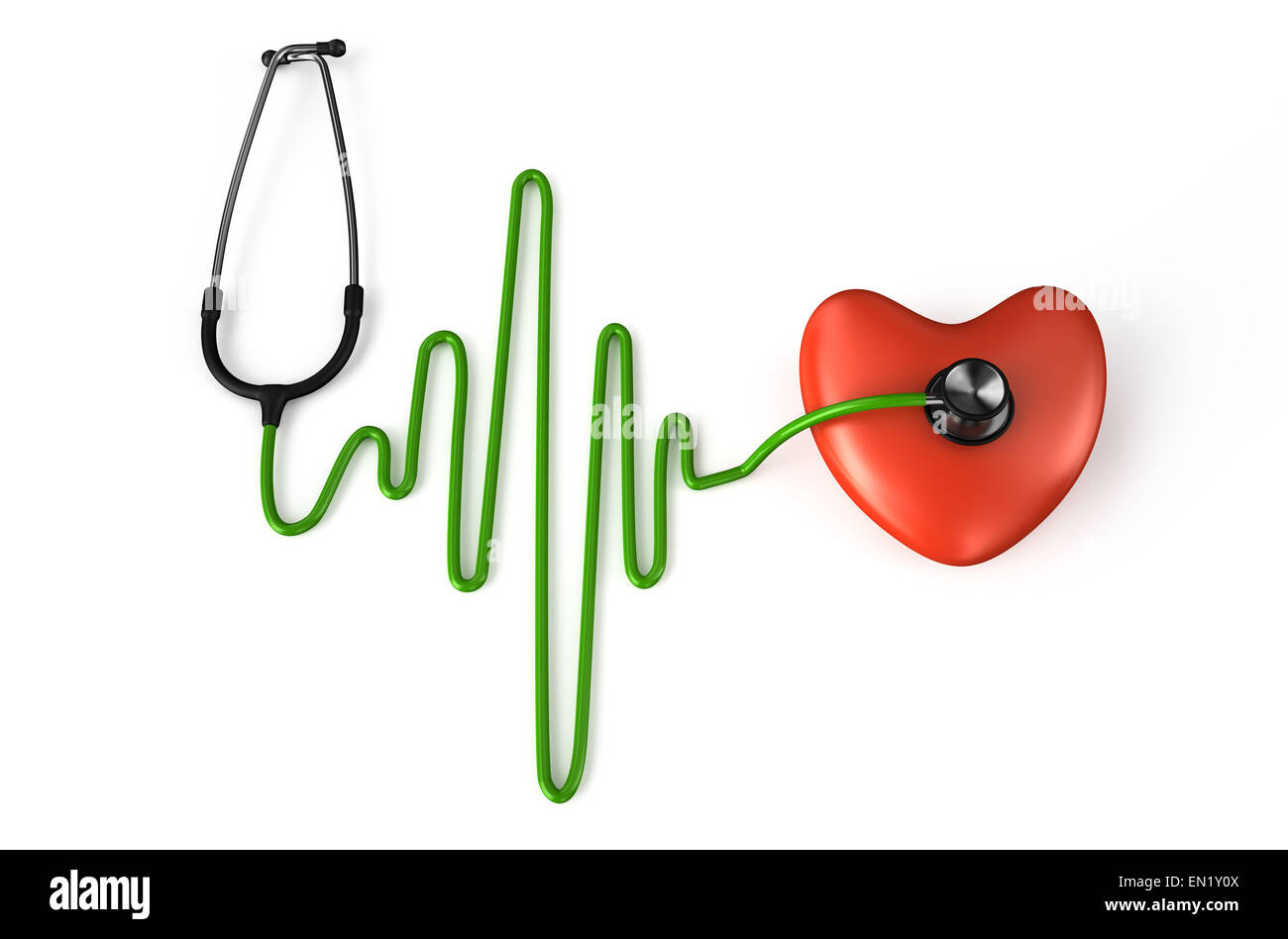 Stetoscopio, cuore e ECG isolati su sfondo bianco Foto Stock