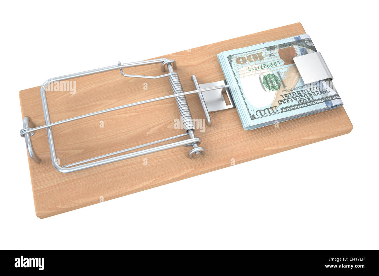 Il denaro in un mousetrap isolati su sfondo bianco Foto Stock