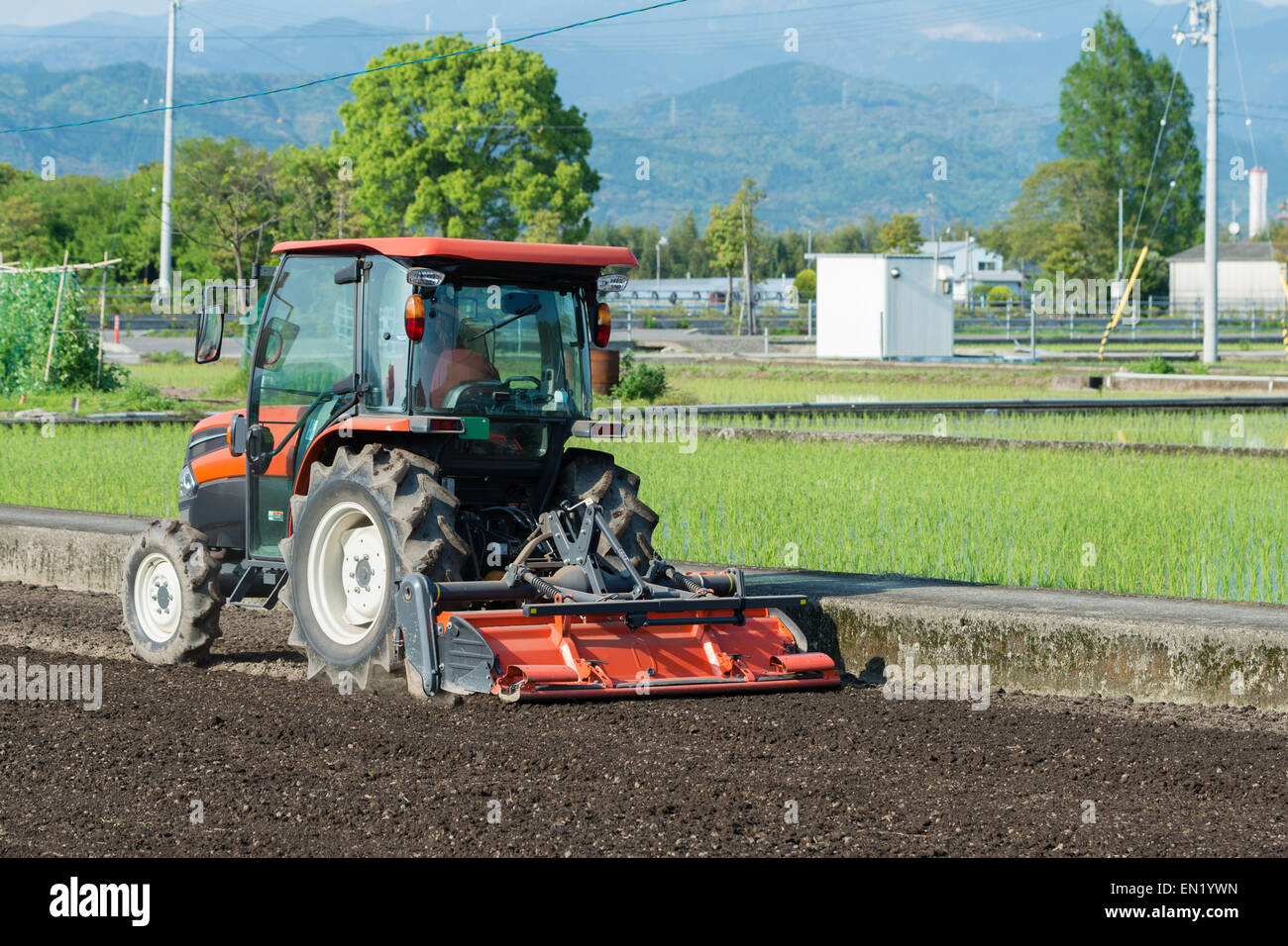 Un trattore coltivando un campo di riso nella campagna di Kochi, Giappone. Foto Stock