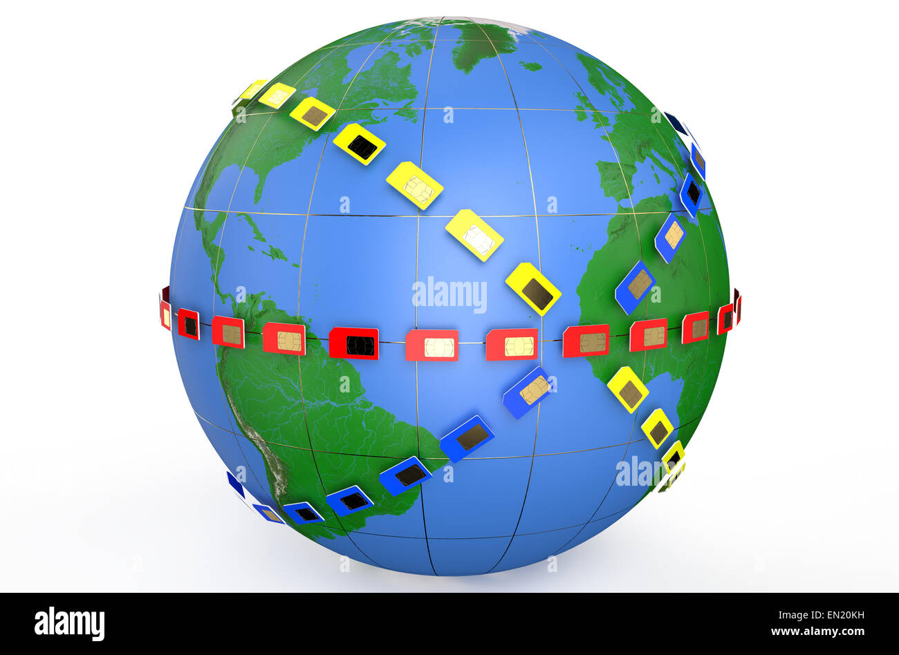 Scheda SIM intorno al globo terrestre isolato su sfondo bianco Foto Stock