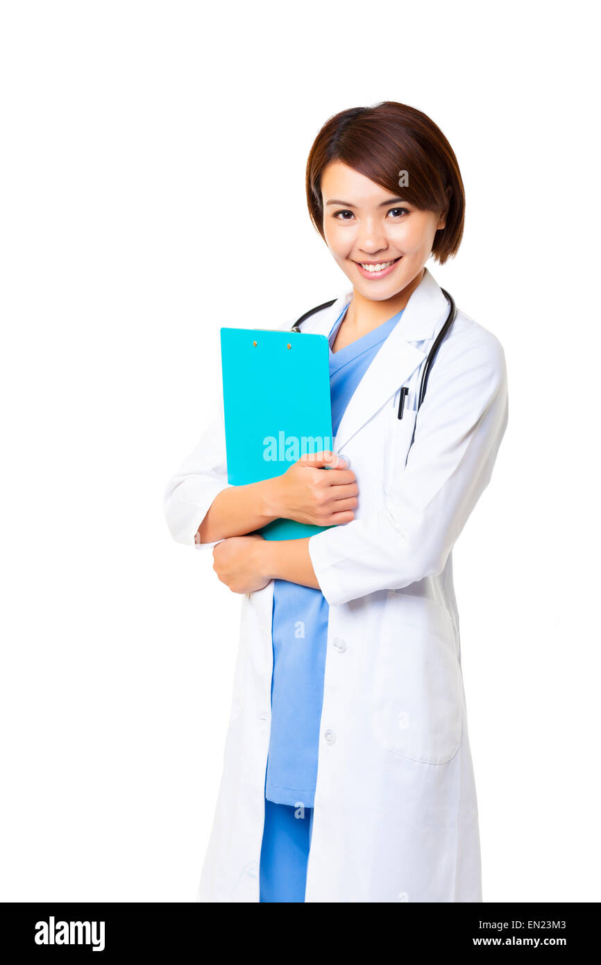 Sorridente medico donna con uno stetoscopio Foto Stock