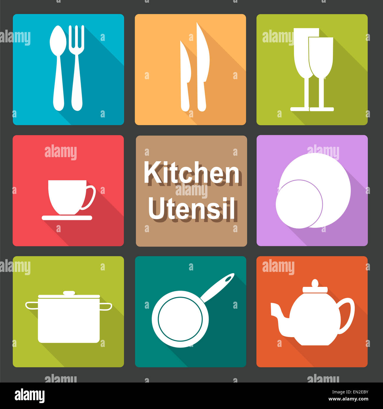 Icone vettoriali set di arnese da cucina nel piatto colorato stile di design Foto Stock