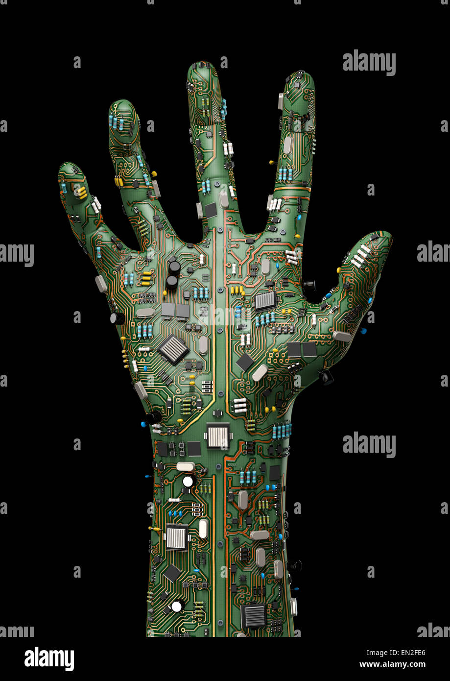 3D render di mano sollevata realizzato in circuito integrato del computer Foto Stock