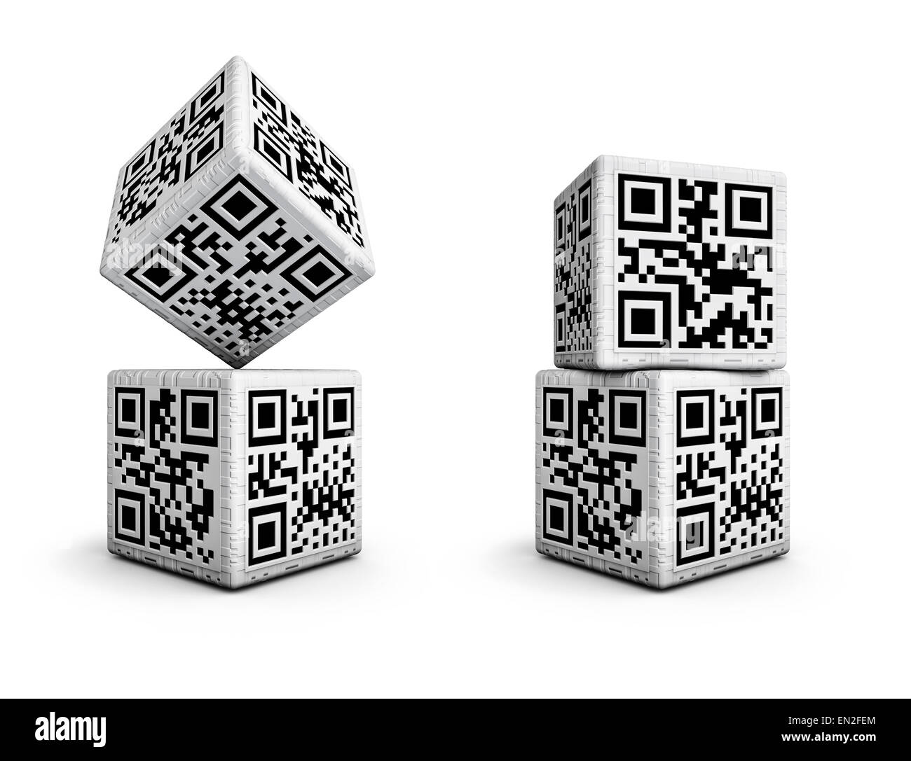 3D render di dadi con i codici QR per i numeri da 1 a 6 sui lati Foto Stock