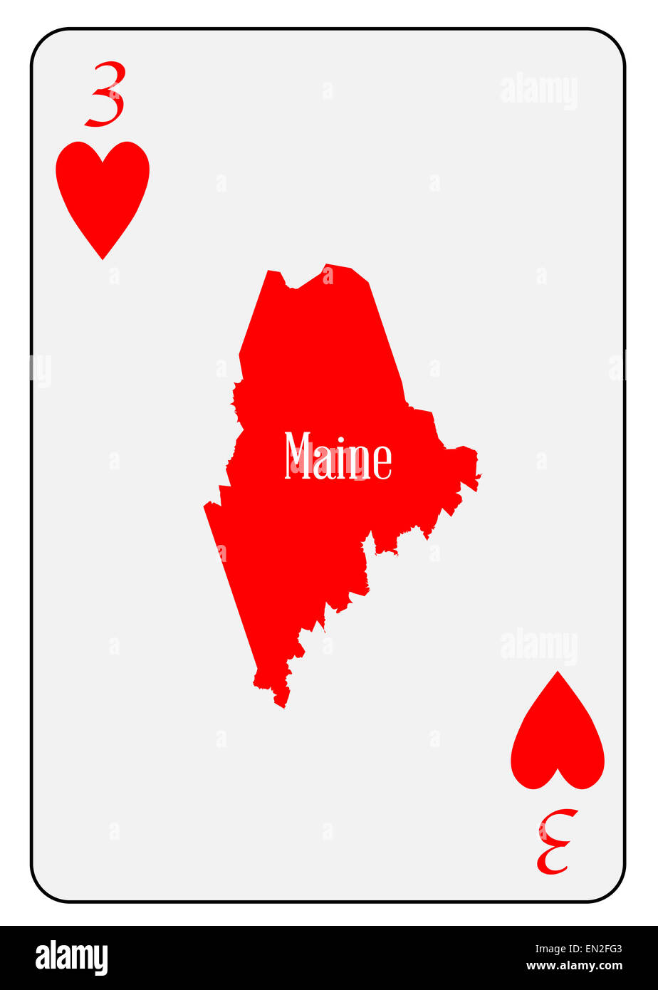 Mappa di contorno del Maine e utilizzato come 3 di cuori motivo in una carta da gioco Foto Stock