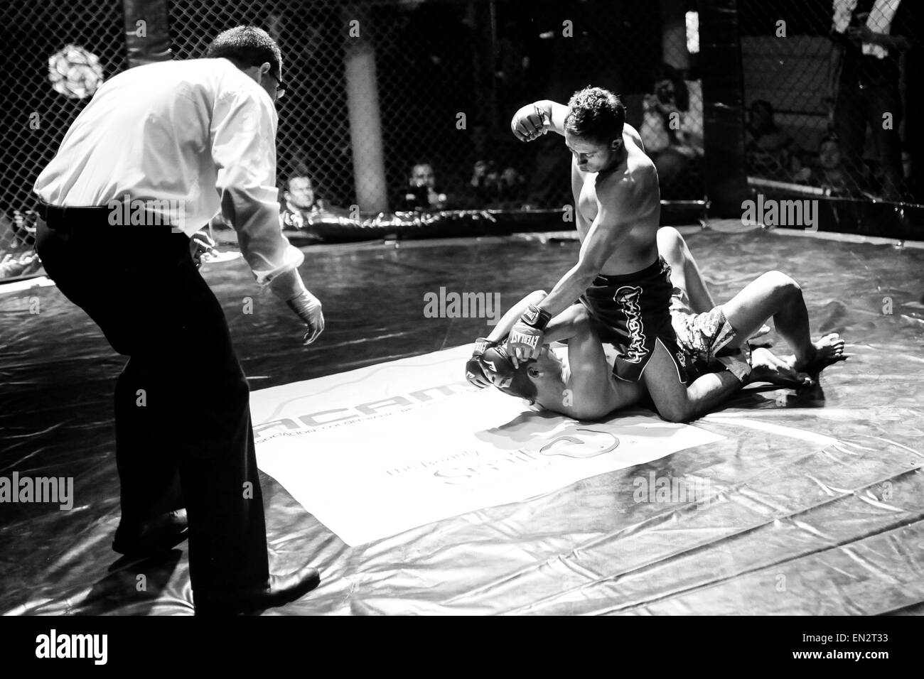 Bogotà, Colombia. 26 apr, 2015. Gli atleti partecipano in un misto di evento martialarts a Bogotà, Colombia, il 26 aprile 2015. Secondo la stampa locale, negli ultimi anni la pratica di mixed martial arts ha aumentato a causa della influenza del professional 'Ultimate Fighting Championship" (UFC), generare più eventi e guadagnando adepti. © Jhon Paz/Xinhua/Alamy Live News Foto Stock