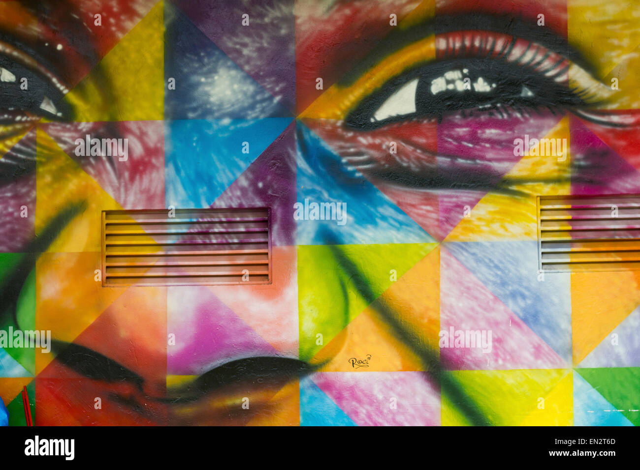 SAO PAULO, Brasile - 01 febbraio 2015: un grande e colore murale sulla parete dal brasiliano artista di graffiti di Kobra al Parco di Ibirapuera Foto Stock