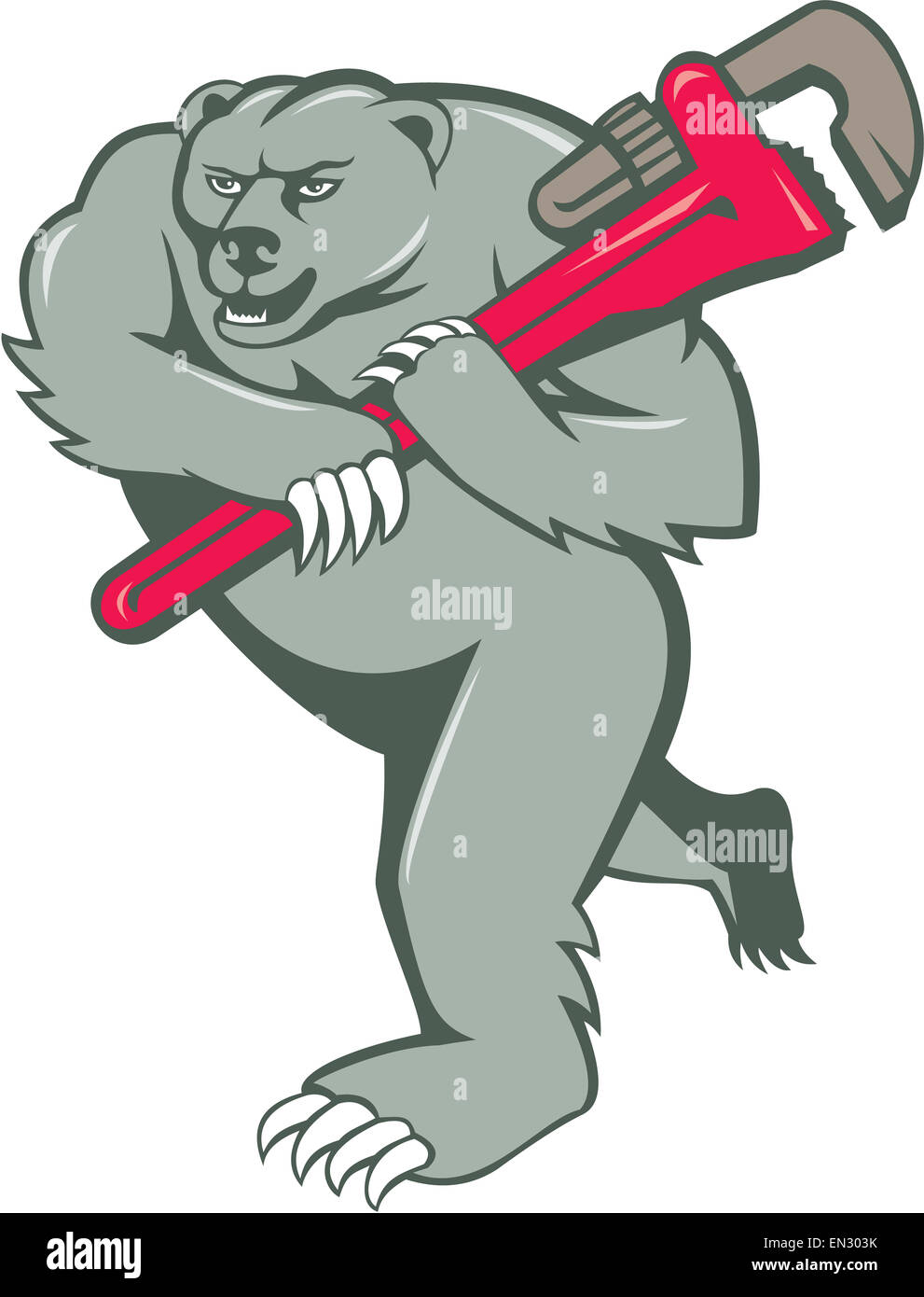 Illustrazione di un orso grizzly idraulico acceso tenendo Monkey Wrench sullo spallamento impostato su isolato sfondo bianco fatto in stile cartoon. Foto Stock