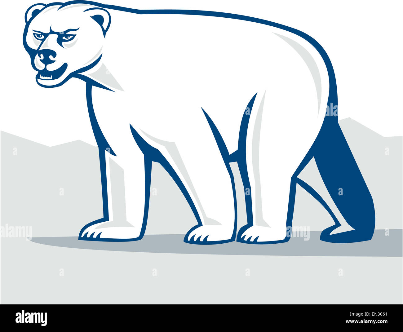 Lo stile del fumetto illustrazione di un orso polare a piedi visto dal lato impostato su isolato sullo sfondo bianco. Foto Stock