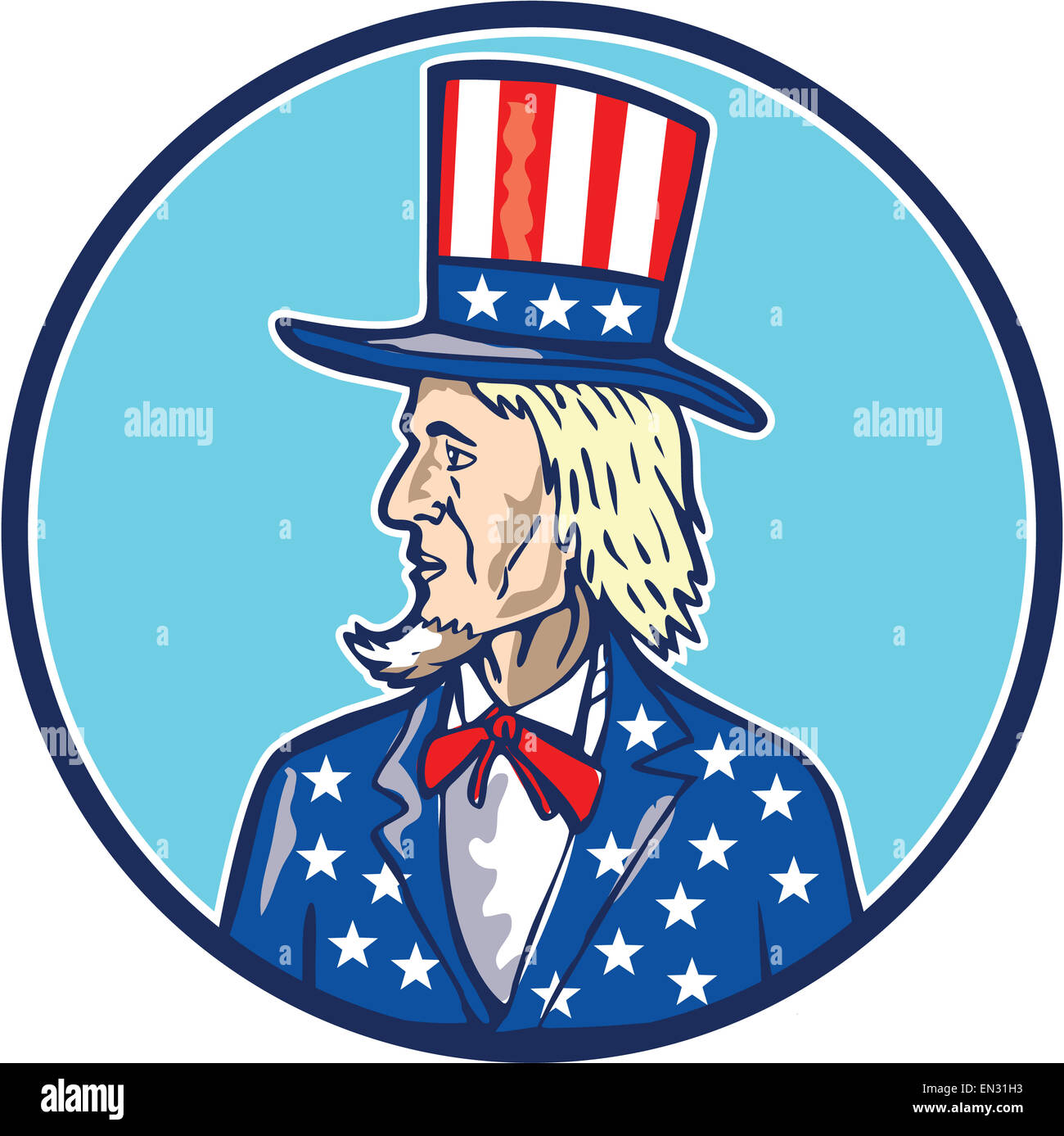 Illustrazione dello zio Sam indossare top hat con stelle e strisce della bandiera americana visto dal lato impostato all'interno del cerchio su sfondo isolato fatto in stile cartoon. Foto Stock