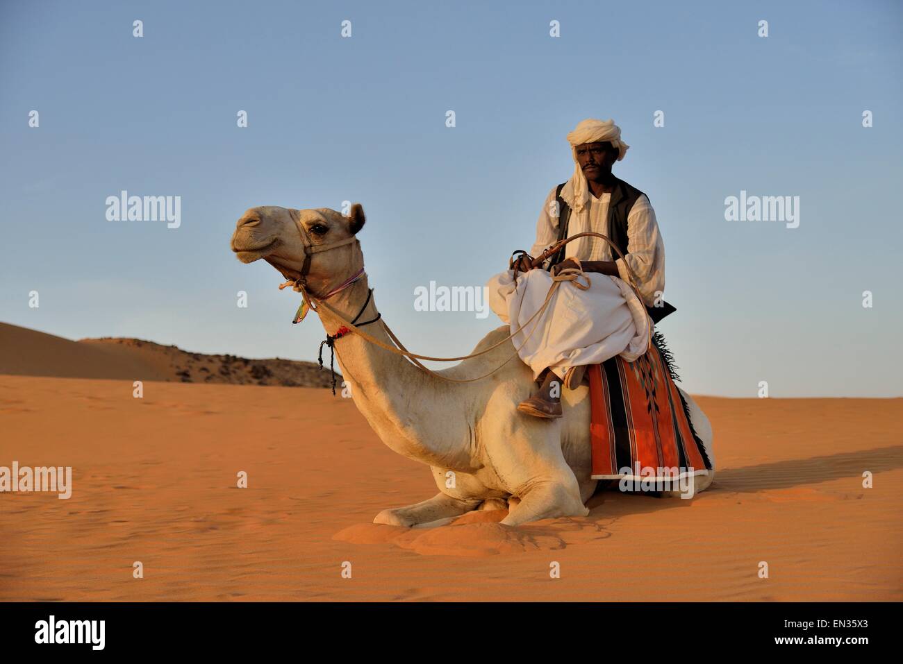 Uomo a dorso di cammello, Meroë, la Nubia, Fiume Nilo membro, Sudan Foto Stock