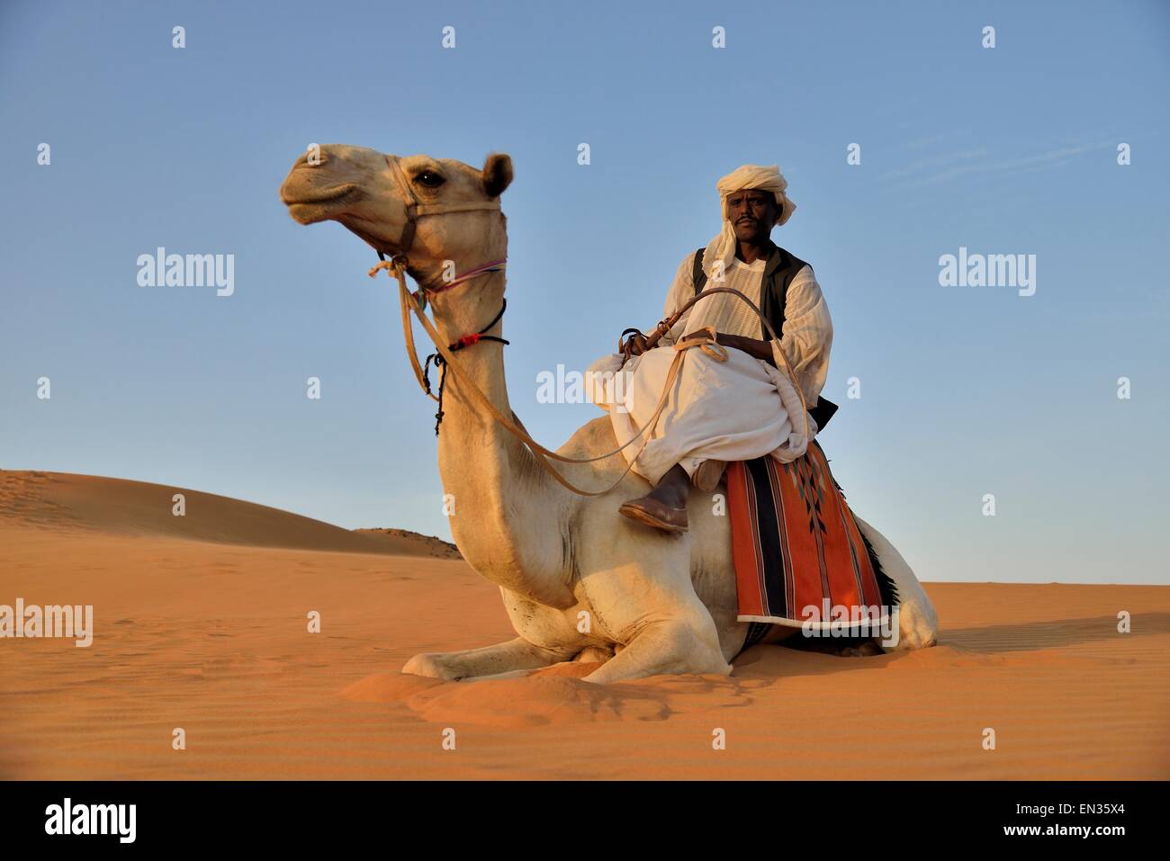 Uomo a dorso di cammello, Meroë, la Nubia, Fiume Nilo membro, Sudan Foto Stock